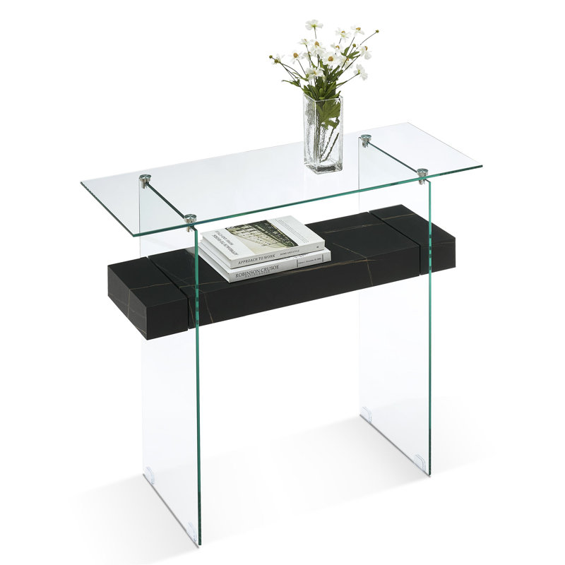 Ivy Bronx 31.5 Narrow Glass Console Table with Storage Small Entryway Table with Natural Wood Shelves Reviews Wayfair